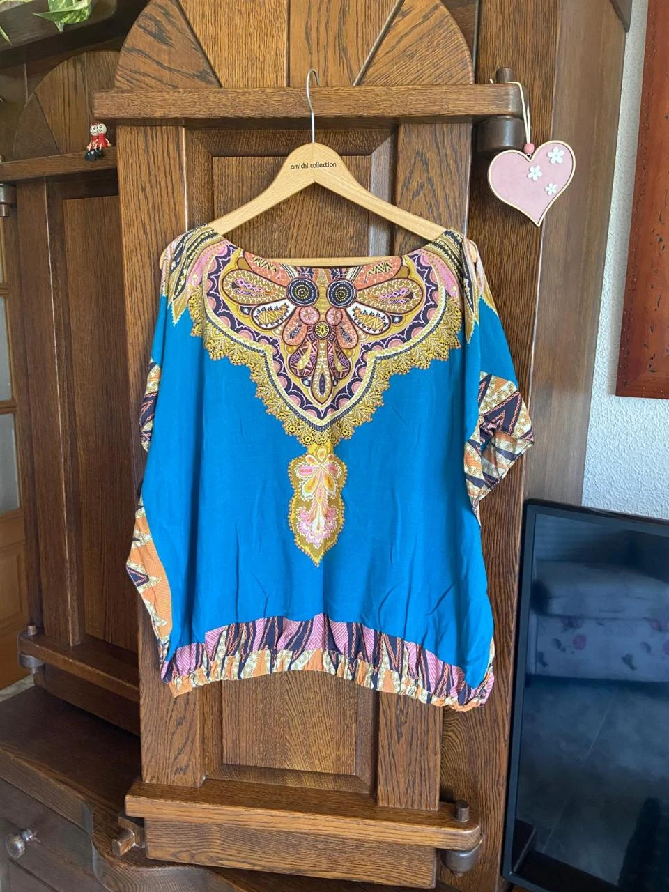 Blusón, caftán estilo étnico, azul turquesa y dorado - SuiteBlanco. Talla Única – photo 2
